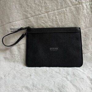 GUESS Saffiano Black Wristlet Pouch Clutch | Minimalist Classic Zipper Bag